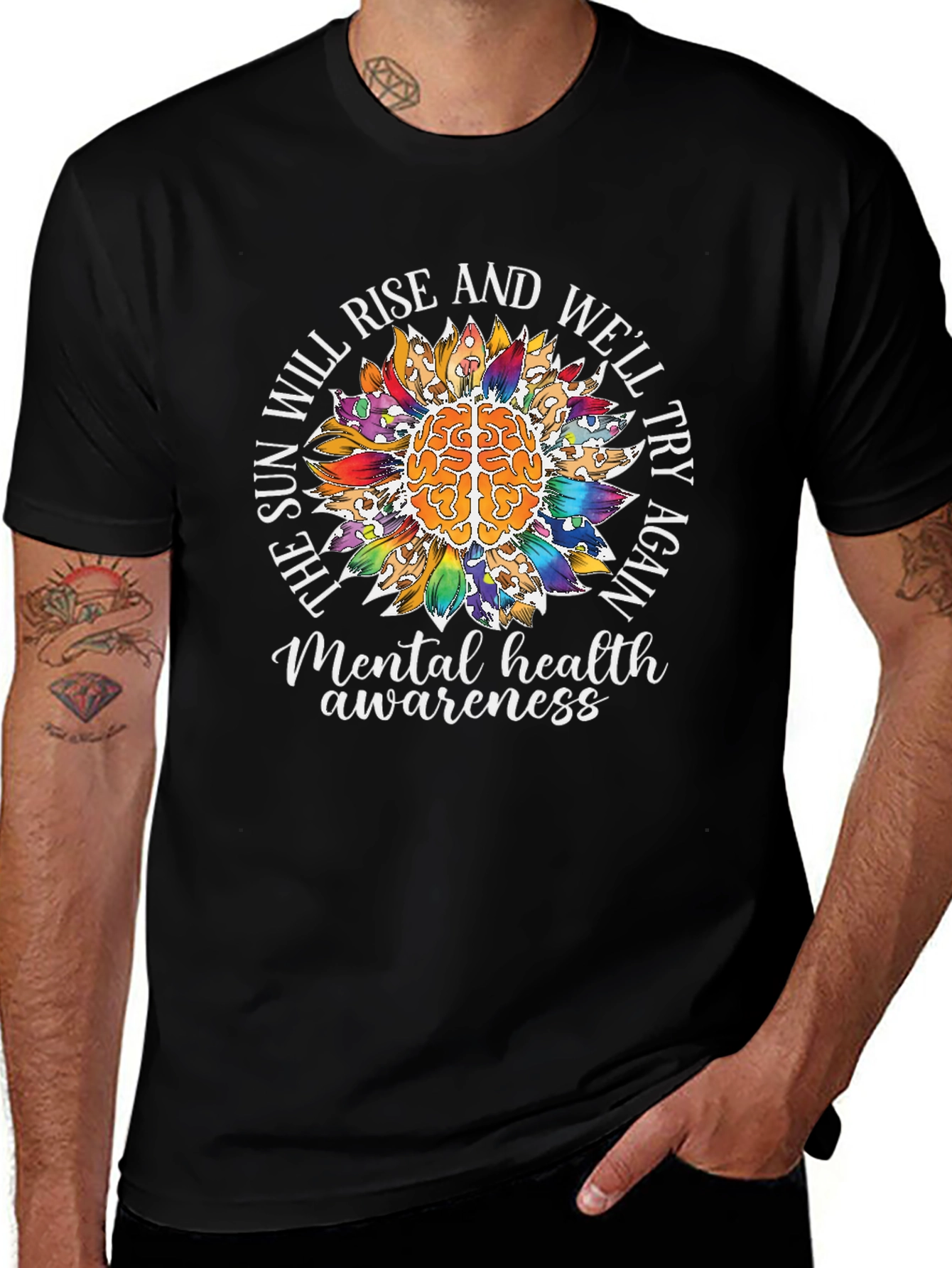 Camiseta Negra Con Diseño de Salud Mental y Girasol