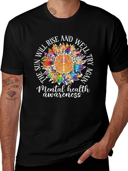 Camiseta Negra Con Diseño de Salud Mental y Girasol