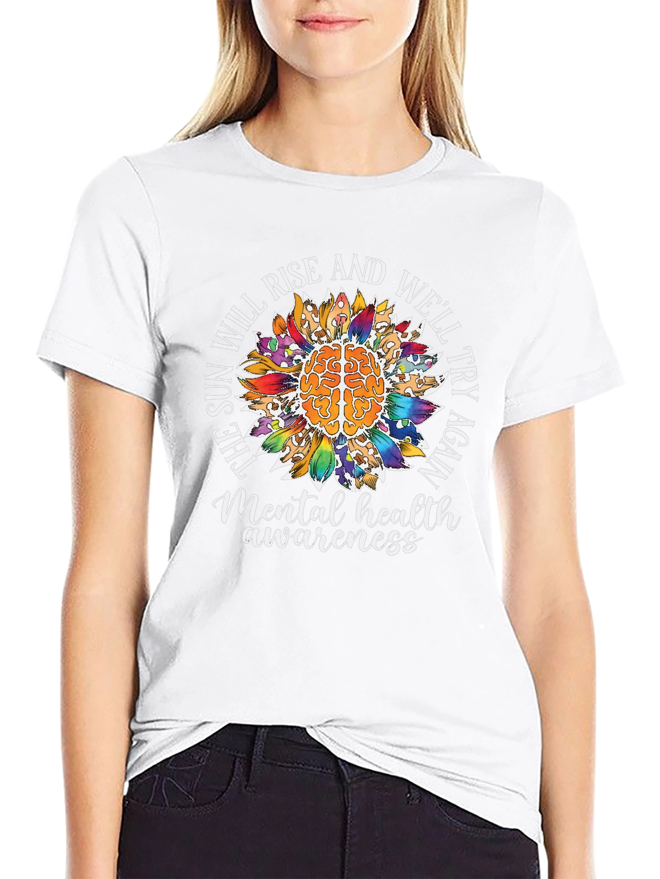 Camiseta Negra Con Diseño de Salud Mental y Girasol