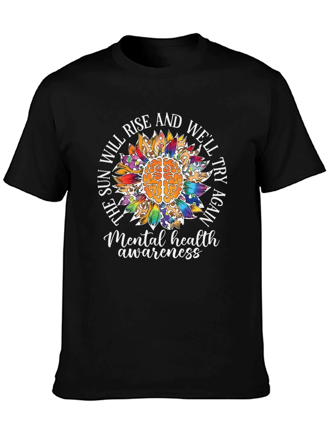 Camiseta Negra Con Diseño de Salud Mental y Girasol