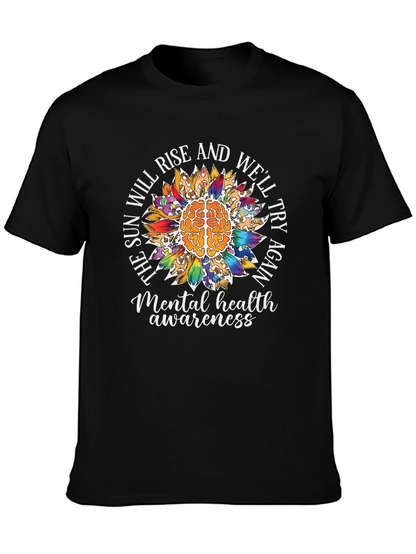 Camiseta Negra Con Diseño de Salud Mental y Girasol
