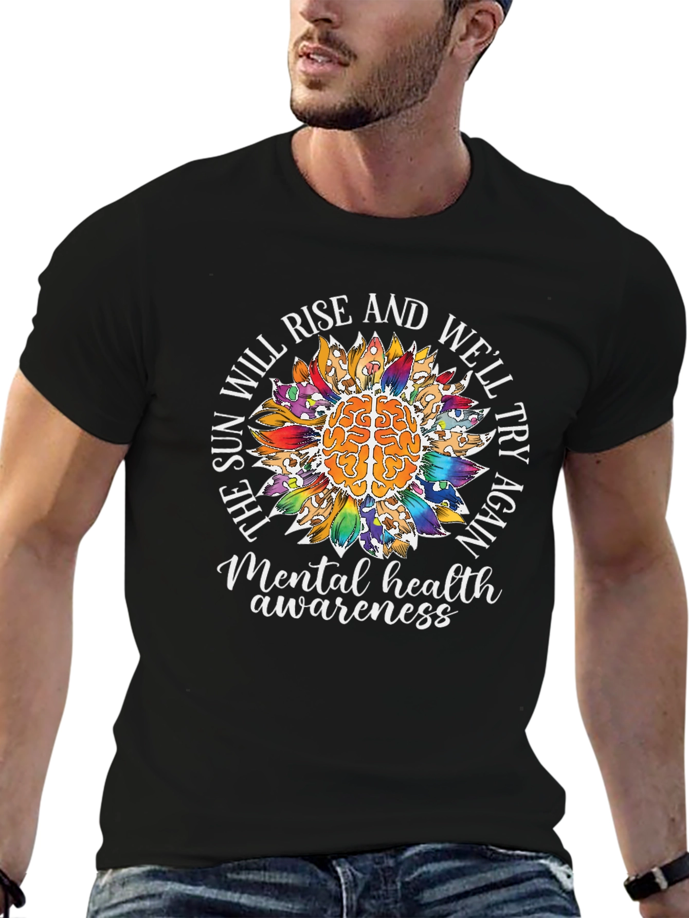 Camiseta Negra Con Diseño de Salud Mental y Girasol