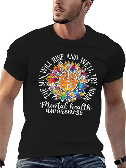 Camiseta Negra Con Diseño de Salud Mental y Girasol