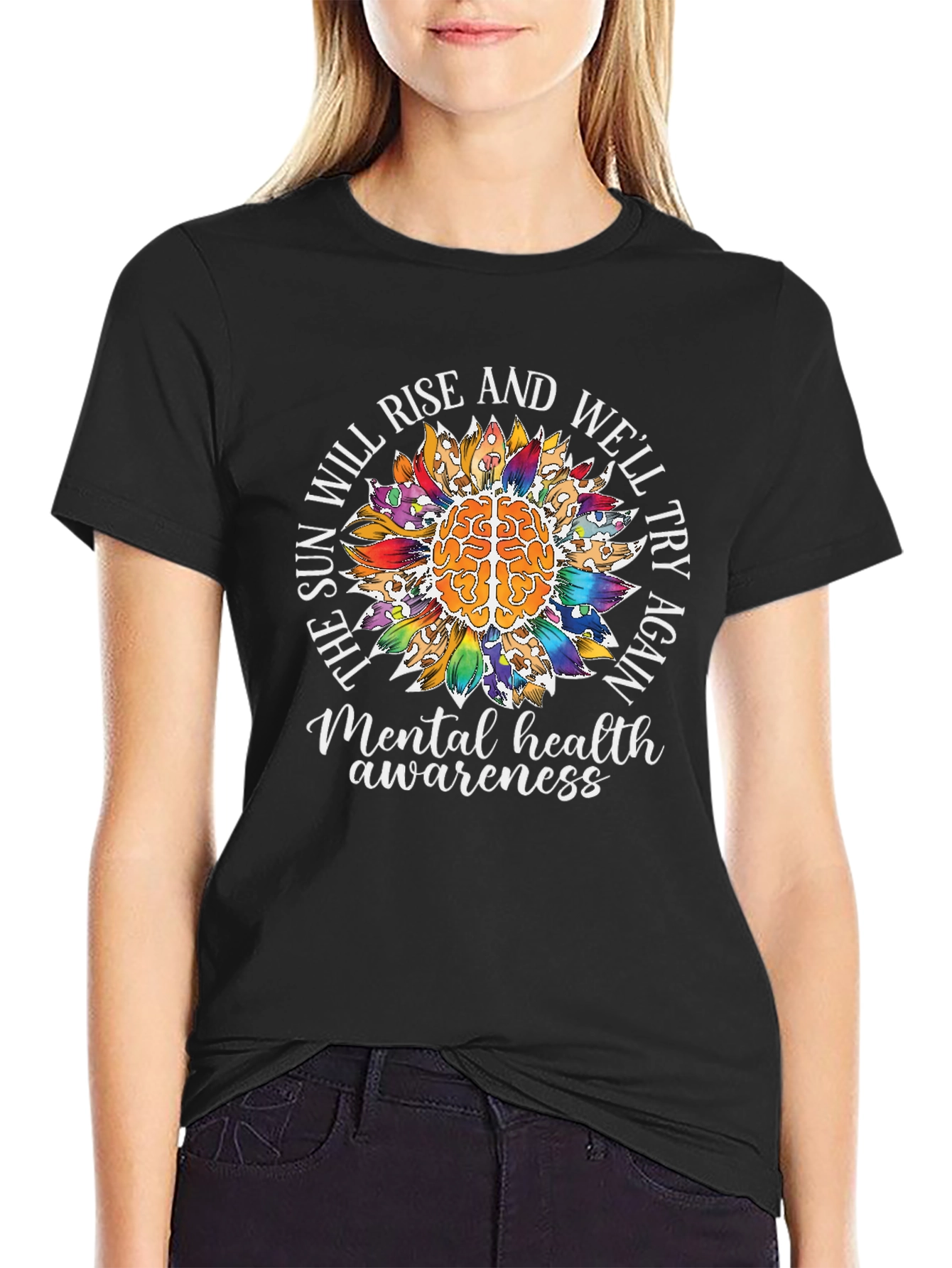 Camiseta Negra Con Diseño de Salud Mental y Girasol
