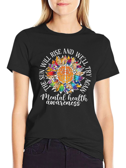 Camiseta Negra Con Diseño de Salud Mental y Girasol