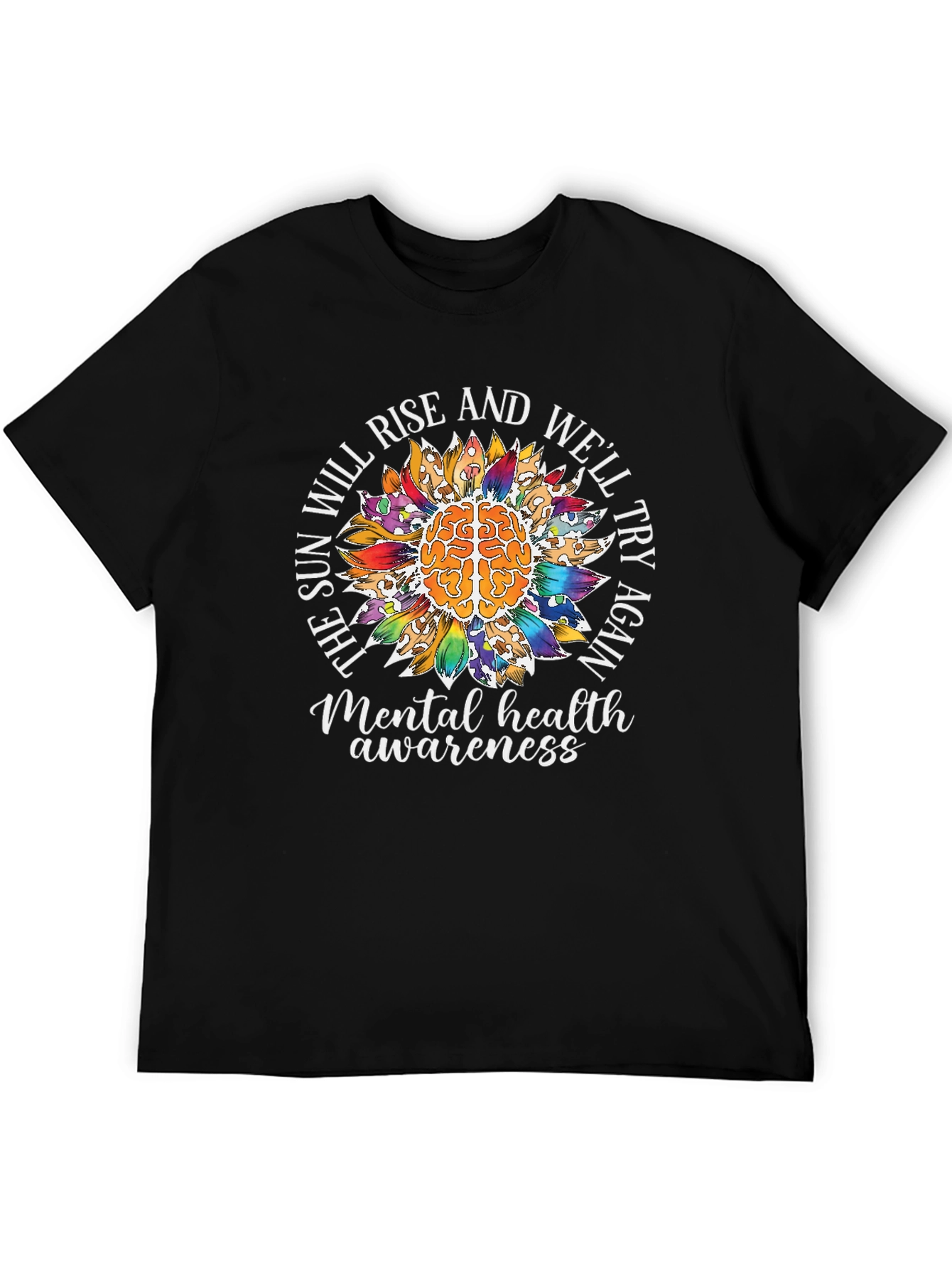 Camiseta Negra Con Diseño de Salud Mental y Girasol