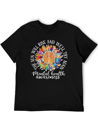 Camiseta Negra Con Diseño de Salud Mental y Girasol