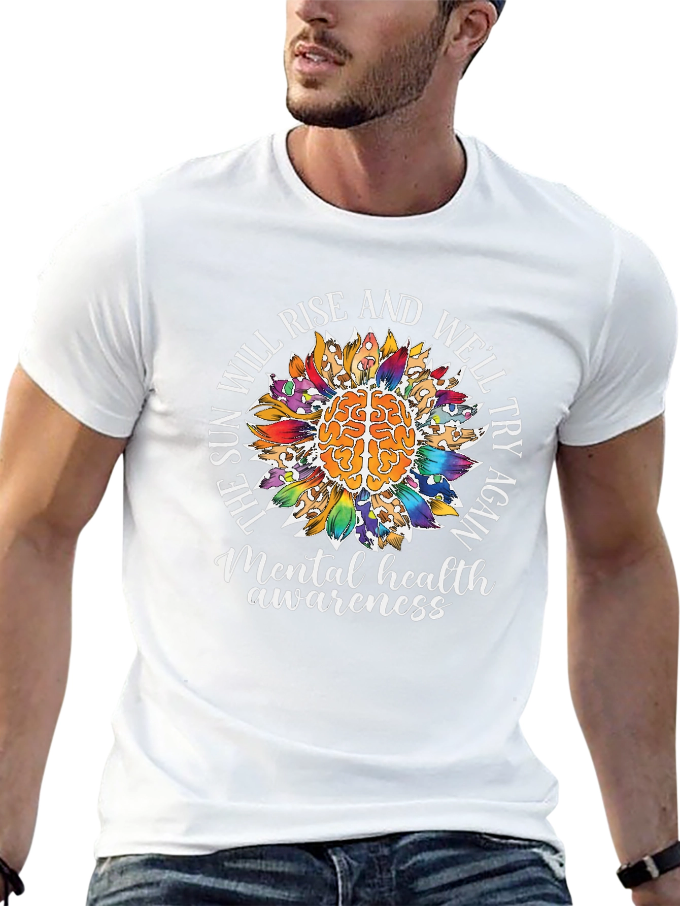 Camiseta Negra Con Diseño de Salud Mental y Girasol