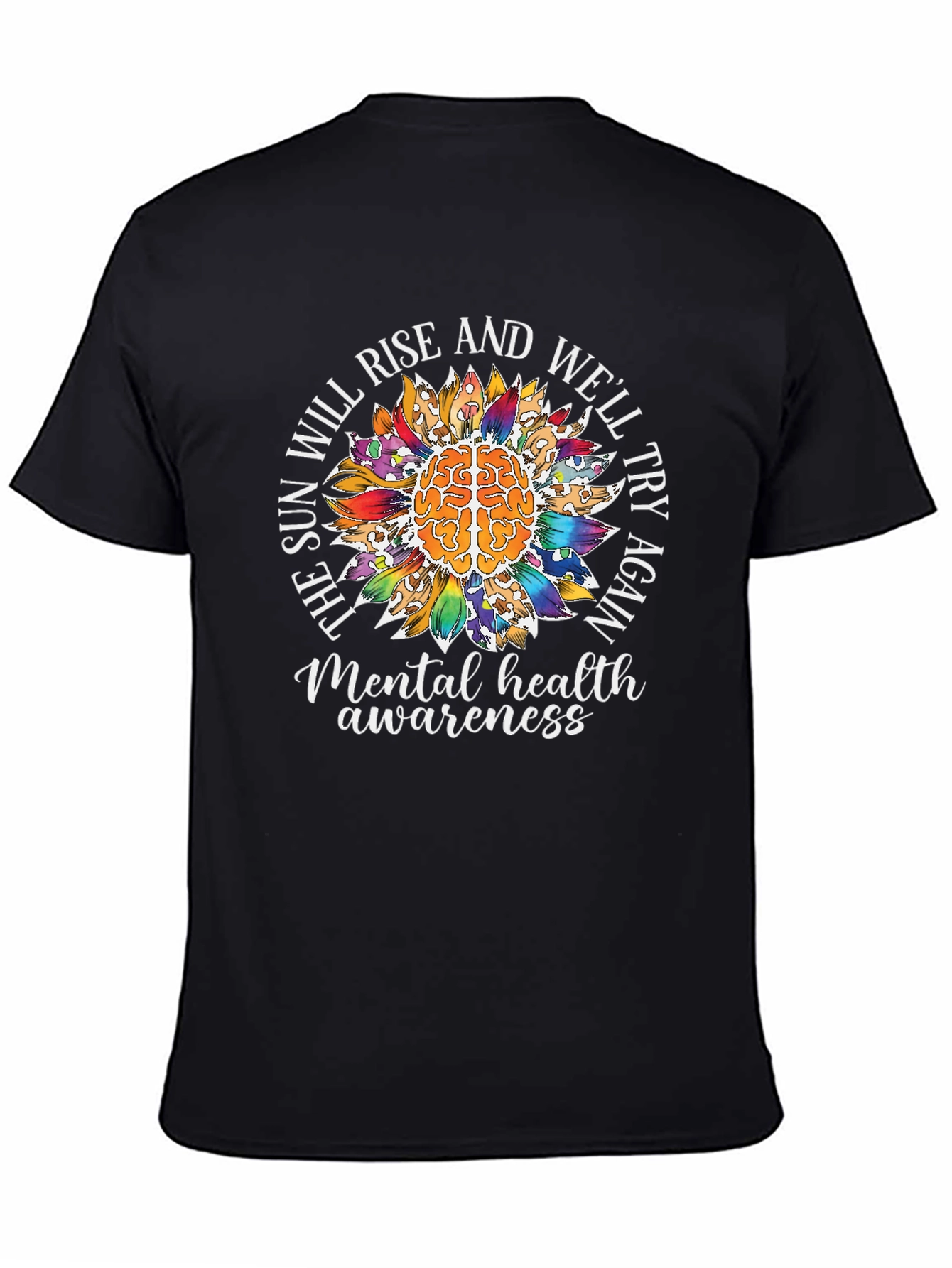 Camiseta Negra Con Diseño de Salud Mental y Girasol
