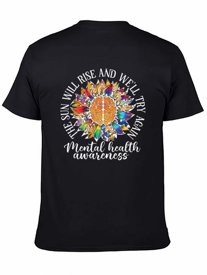Camiseta Negra Con Diseño de Salud Mental y Girasol