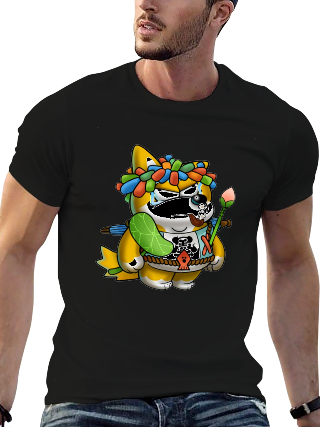 Camiseta Negra con Diseño de Tanuki