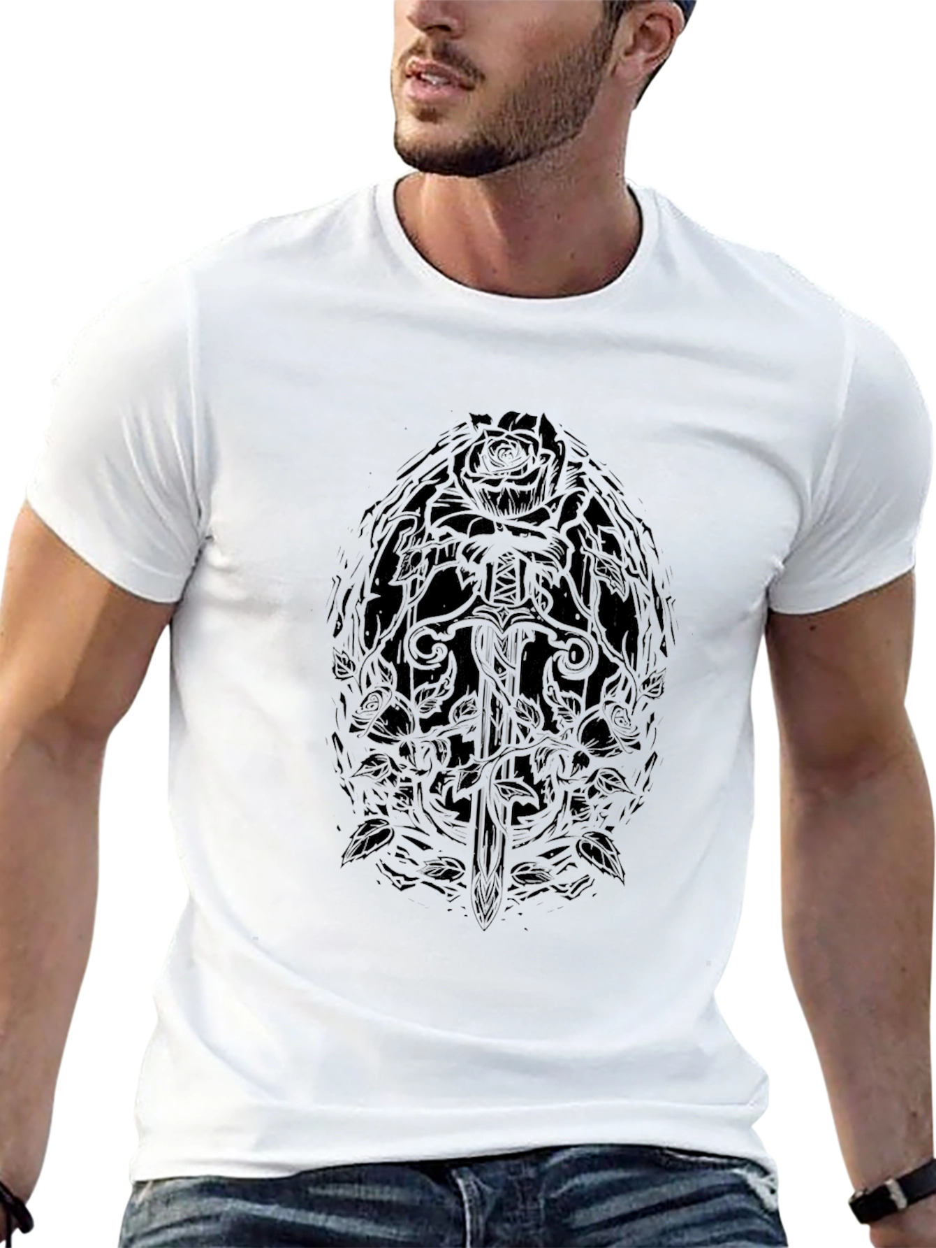 Camiseta Negra Diseño Rosa y Espada