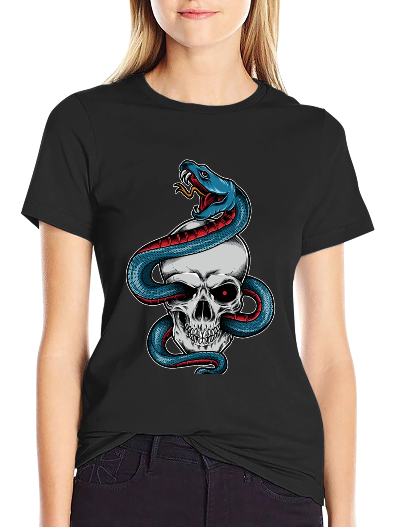 Camiseta Negra Calavera y Serpiente Estilo Único