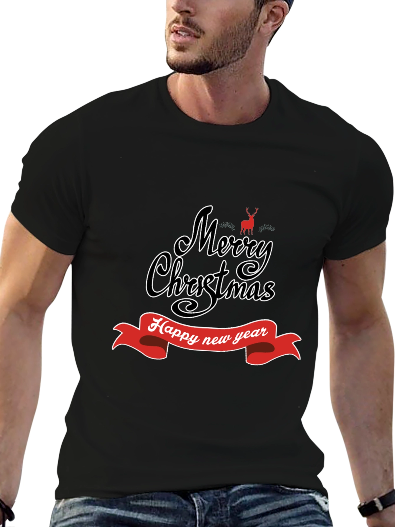 Camiseta Negra Navideña: Merry Christmas y Feliz Año Nuevo