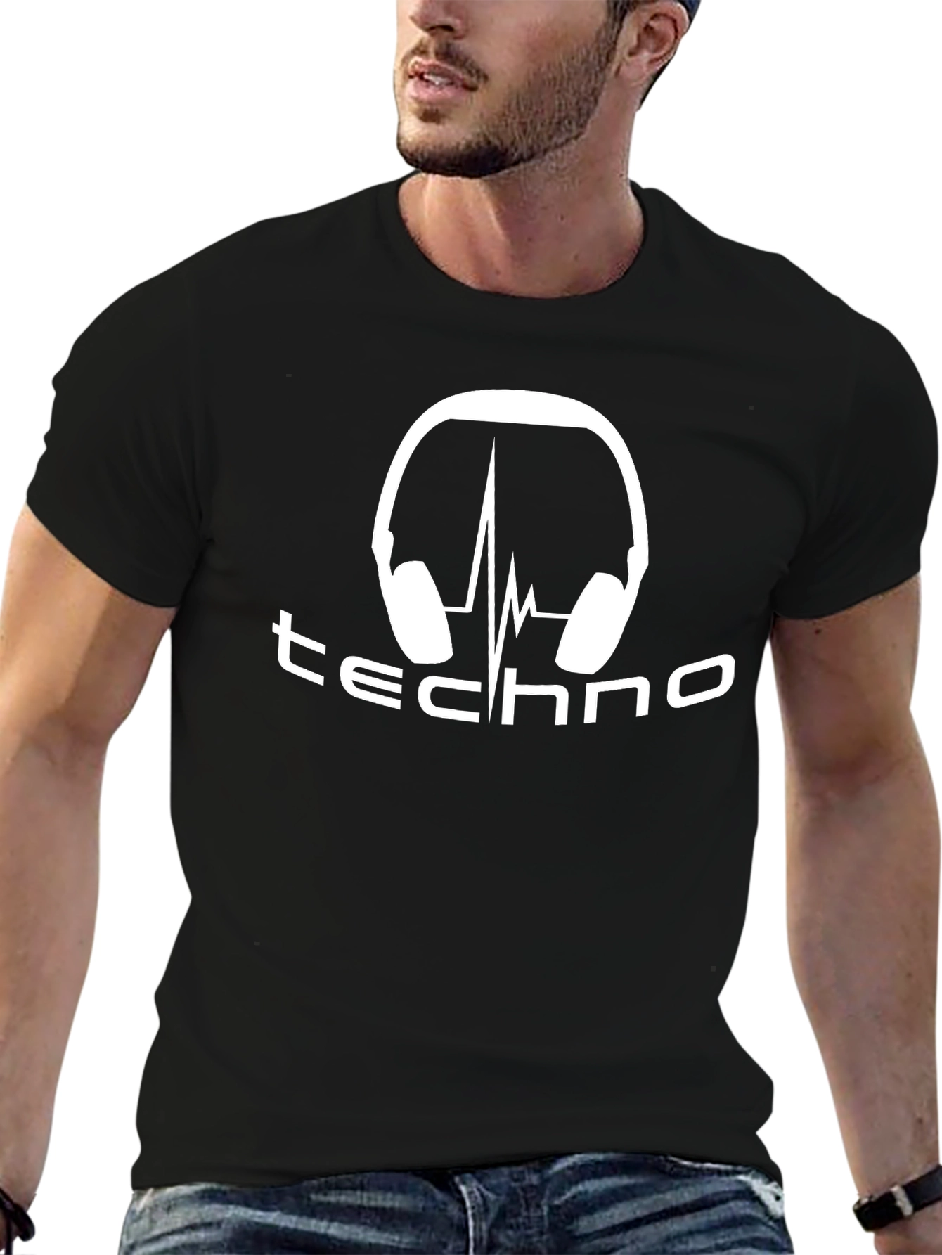 Camiseta Negra Techno con Audífonos y Latido