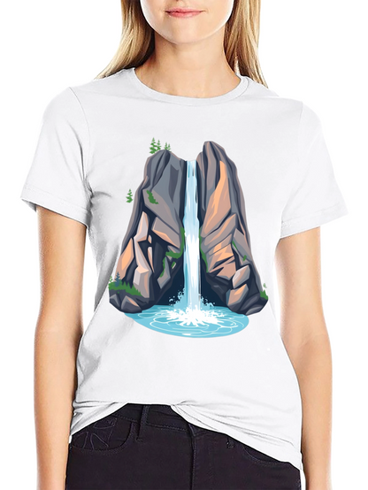 Camiseta Negra con Diseño de Cascada de Montaña