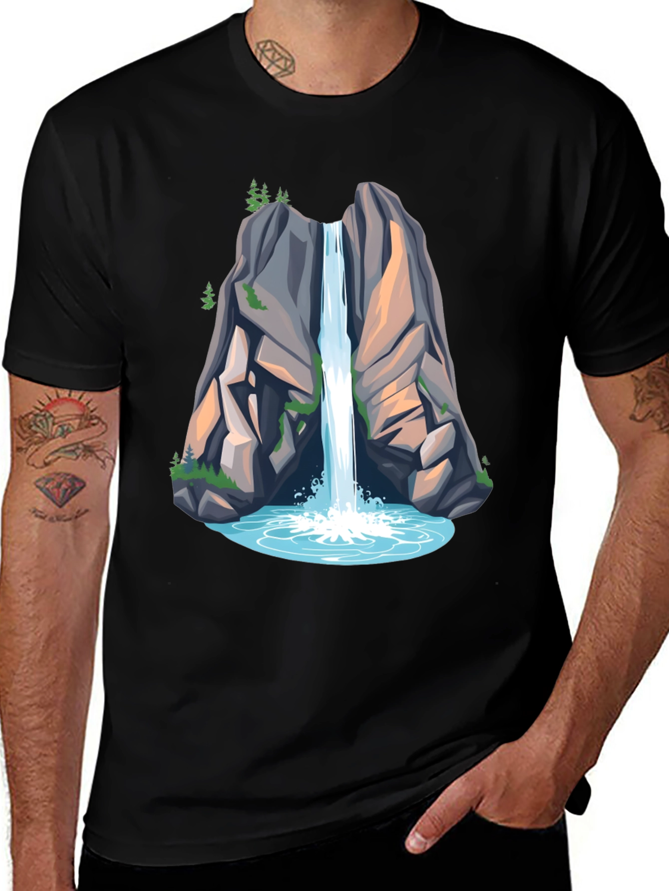 Camiseta Negra con Diseño de Cascada de Montaña