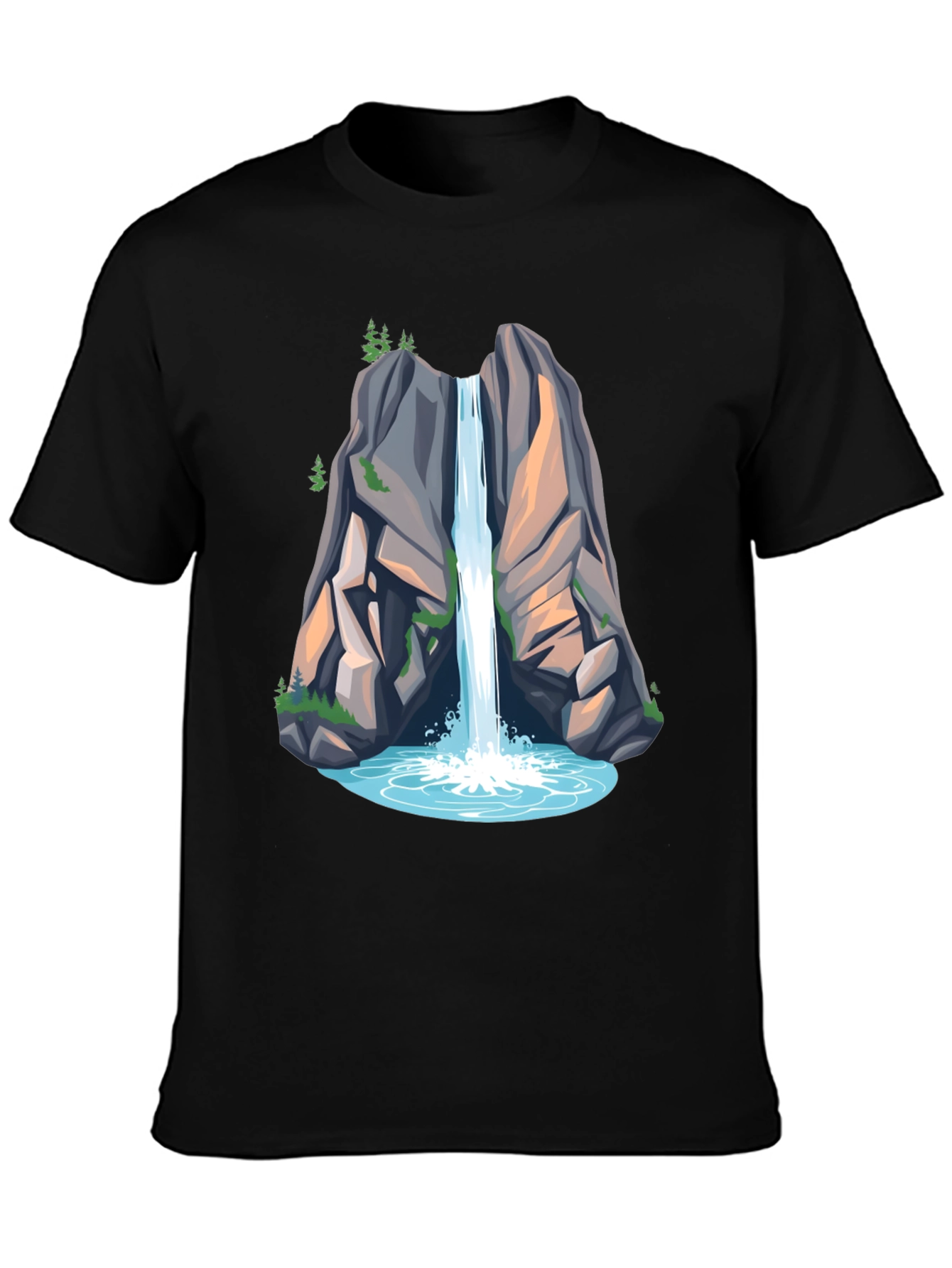 Camiseta Negra con Diseño de Cascada de Montaña
