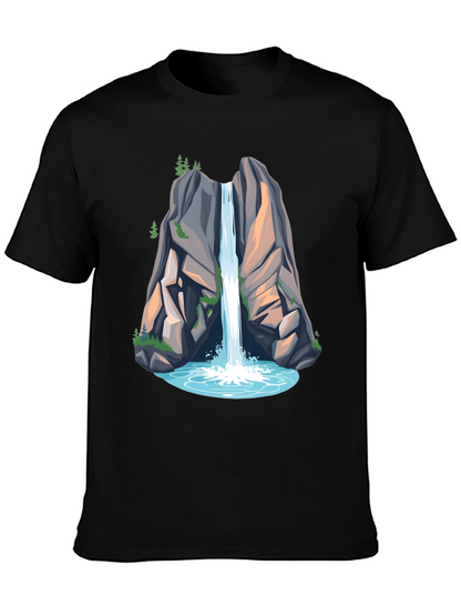 Camiseta Negra con Diseño de Cascada de Montaña