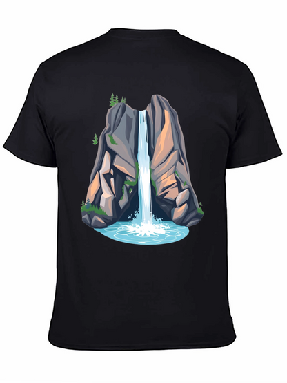 Camiseta Negra con Diseño de Cascada de Montaña