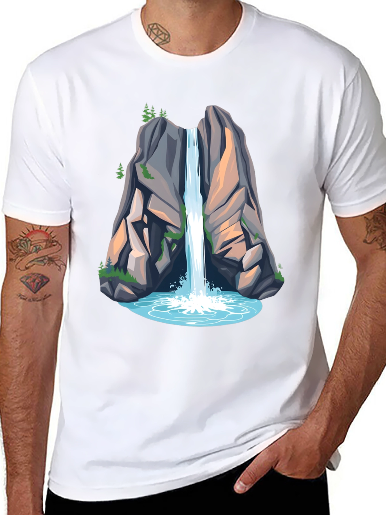 Camiseta Negra con Diseño de Cascada de Montaña
