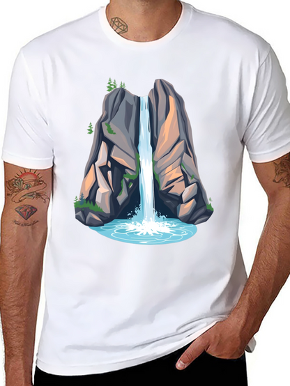 Camiseta Negra con Diseño de Cascada de Montaña