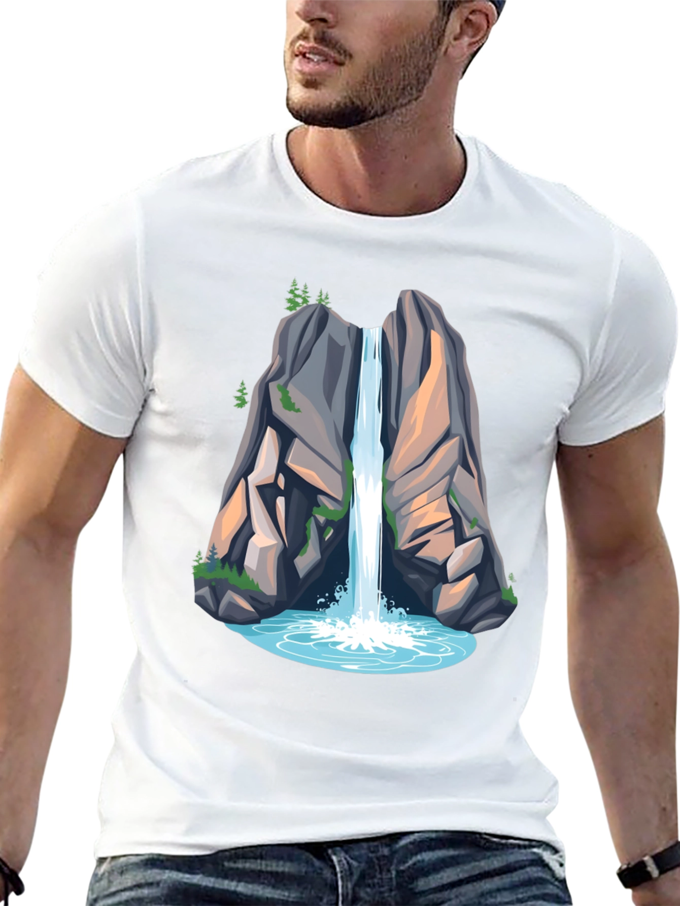 Camiseta Negra con Diseño de Cascada de Montaña