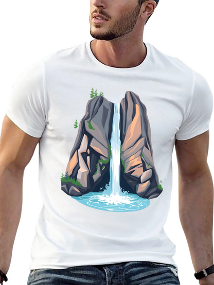Camiseta Negra con Diseño de Cascada de Montaña