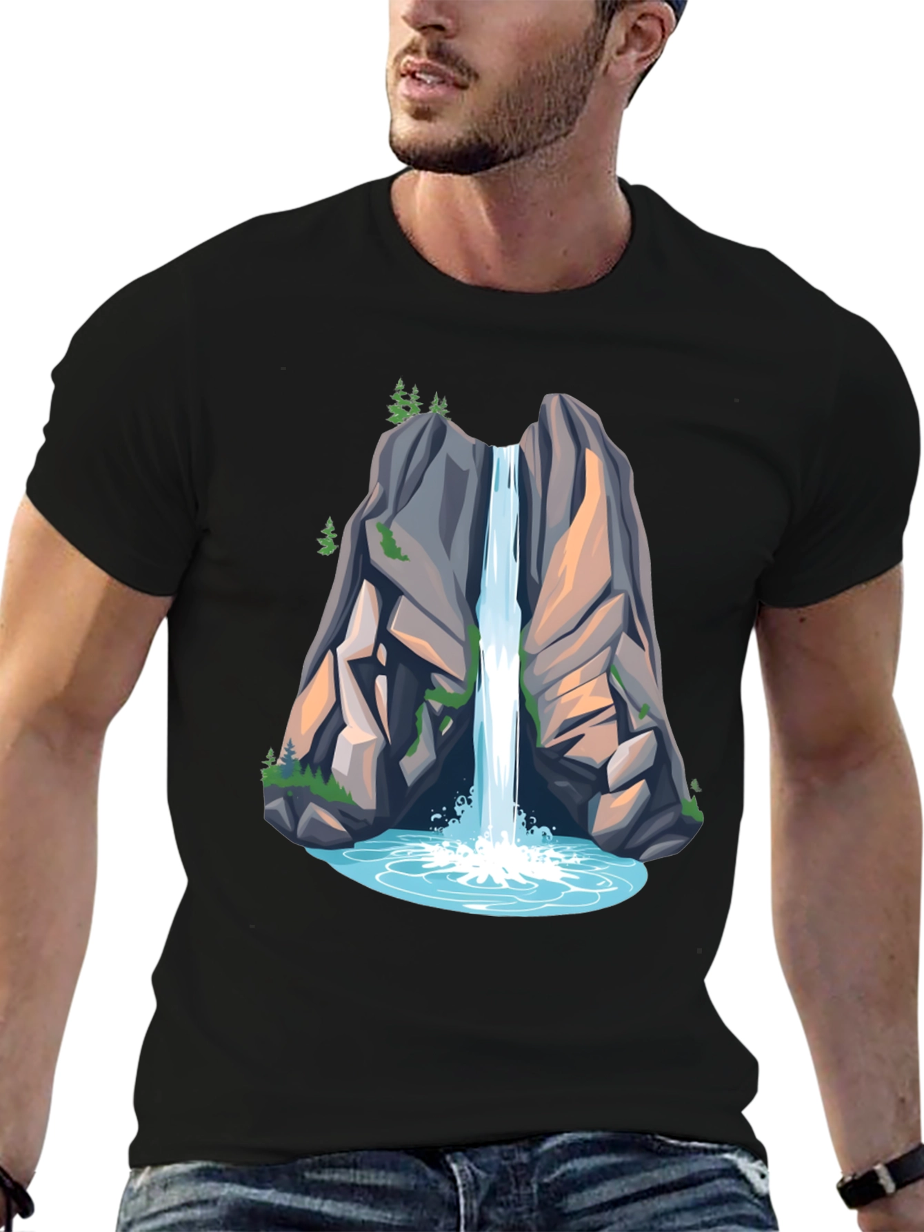 Camiseta Negra con Diseño de Cascada de Montaña