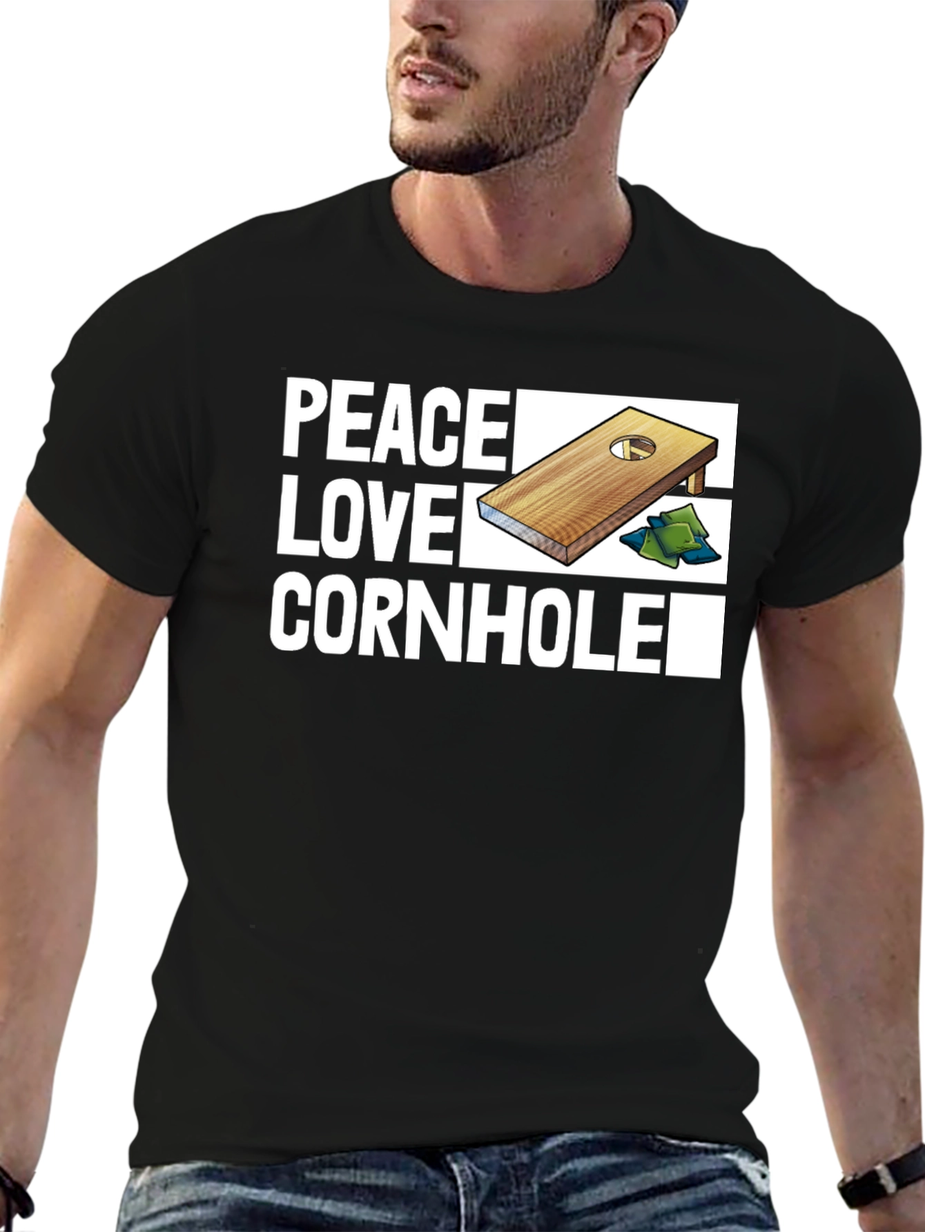 Camiseta Negra Peace Love Cornhole