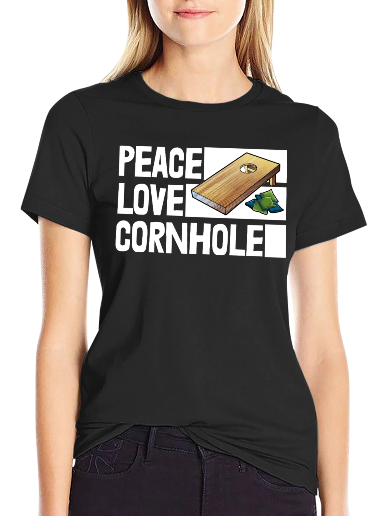 Camiseta Negra Peace Love Cornhole