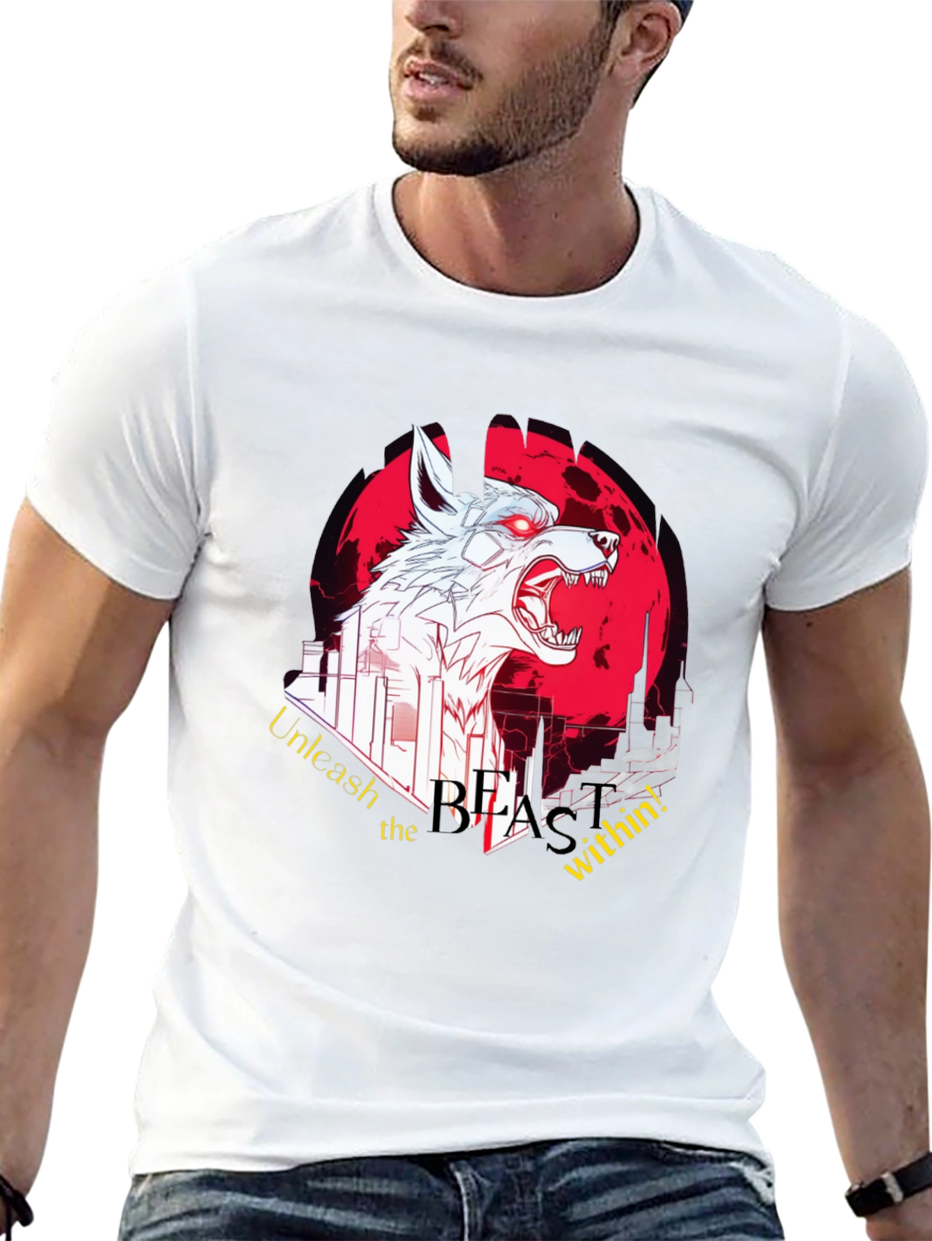 Camiseta Negra Hombre con Diseño Lobo Bestial