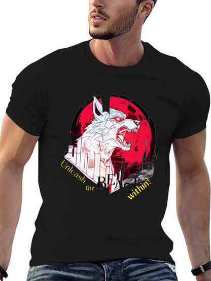 Camiseta Negra Hombre con Diseño Lobo Bestial