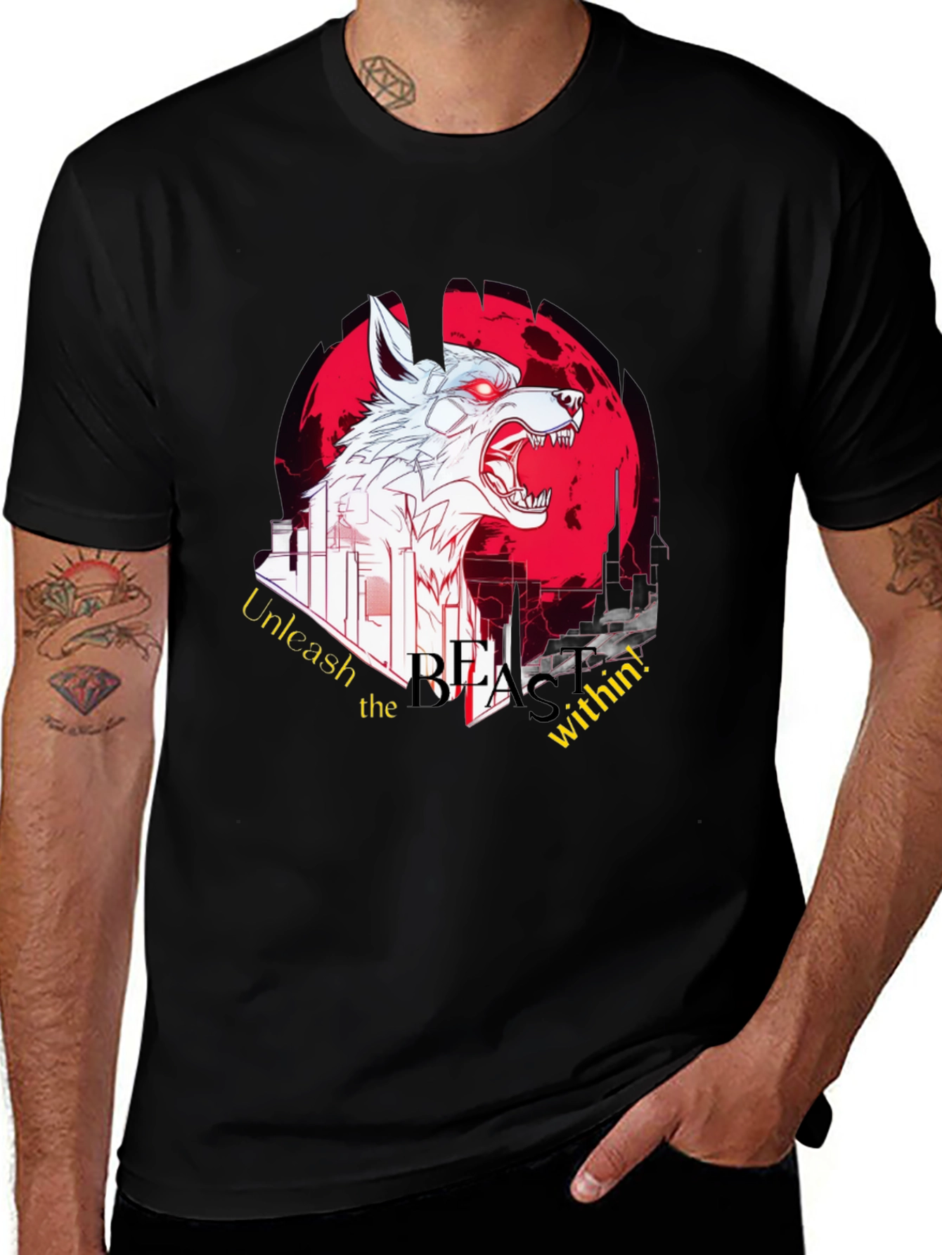 Camiseta Negra Hombre con Diseño Lobo Bestial
