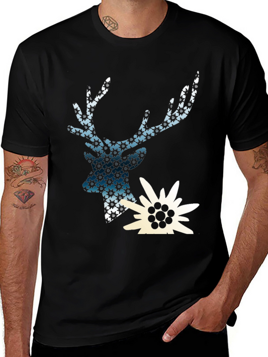 Camiseta Negra con Diseño de Ciervo Floral y Edelweiss
