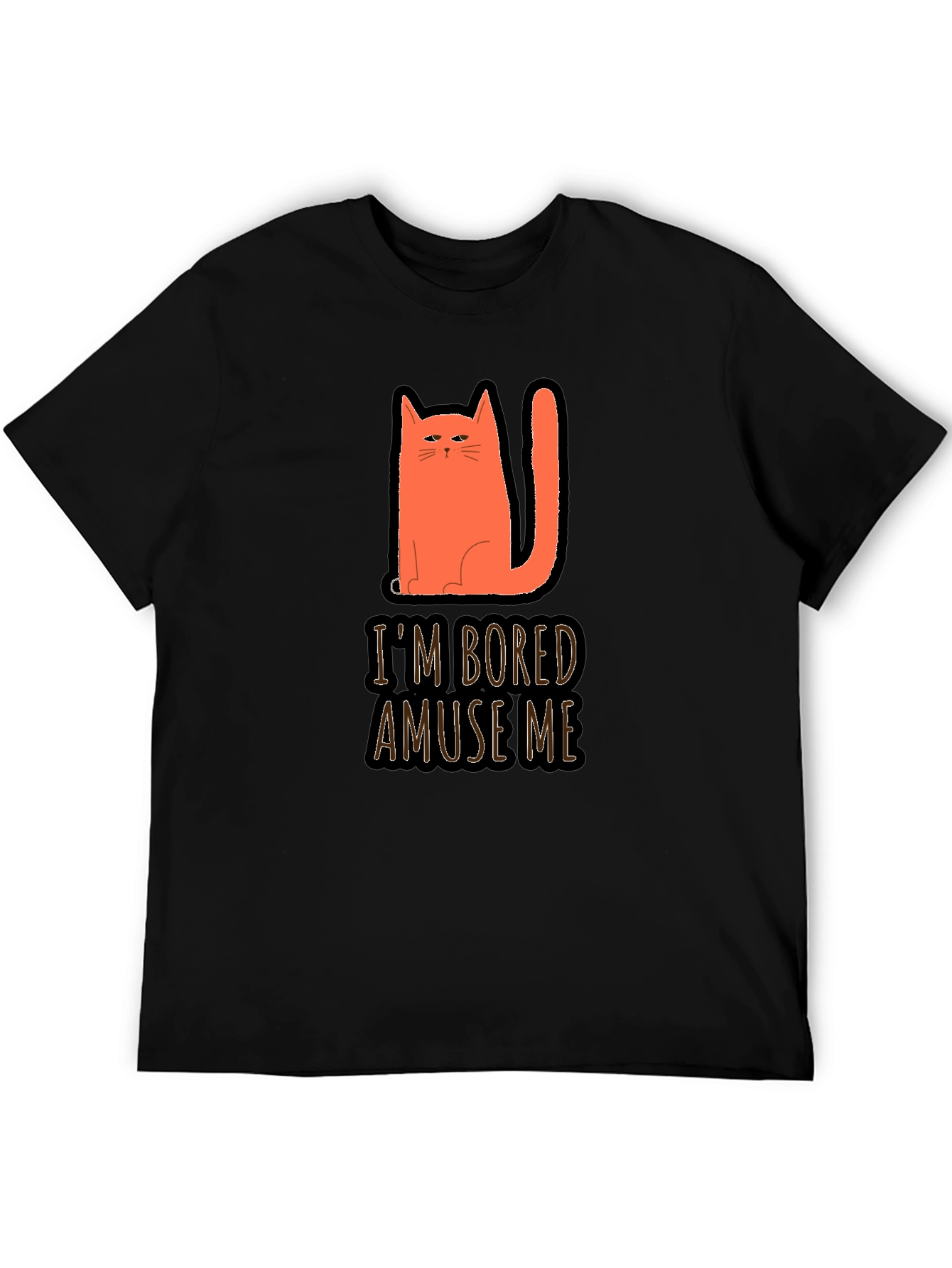 Camiseta Negra con Gato Naranja Estoy Aburrido Diviérteme