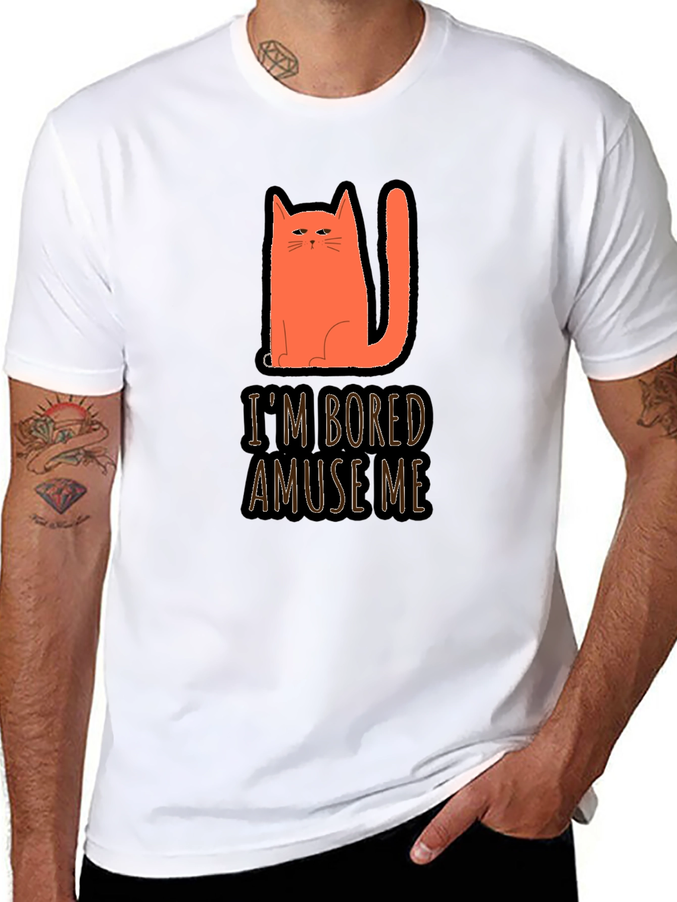 Camiseta Negra con Gato Naranja Estoy Aburrido Diviérteme