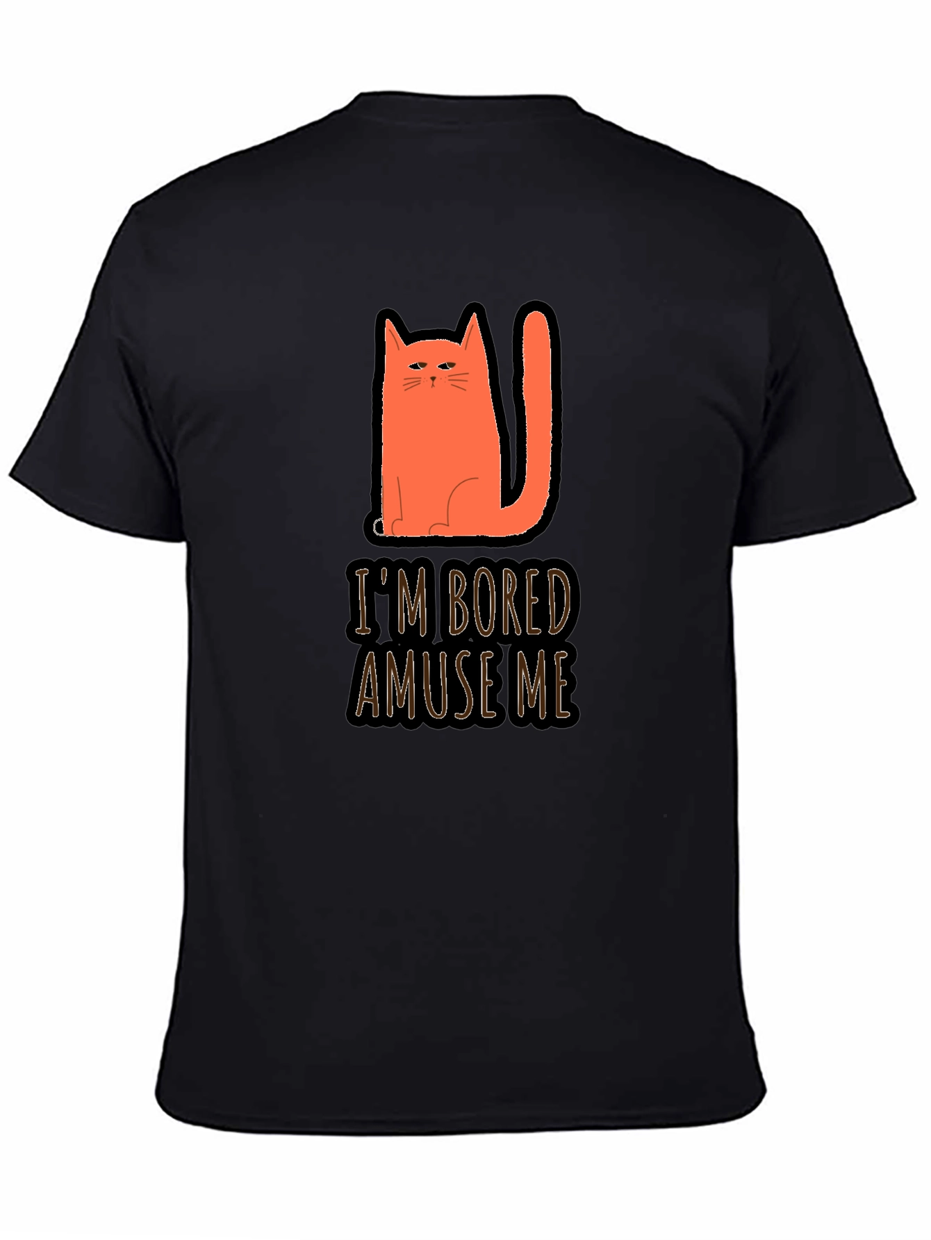 Camiseta Negra con Gato Naranja Estoy Aburrido Diviérteme