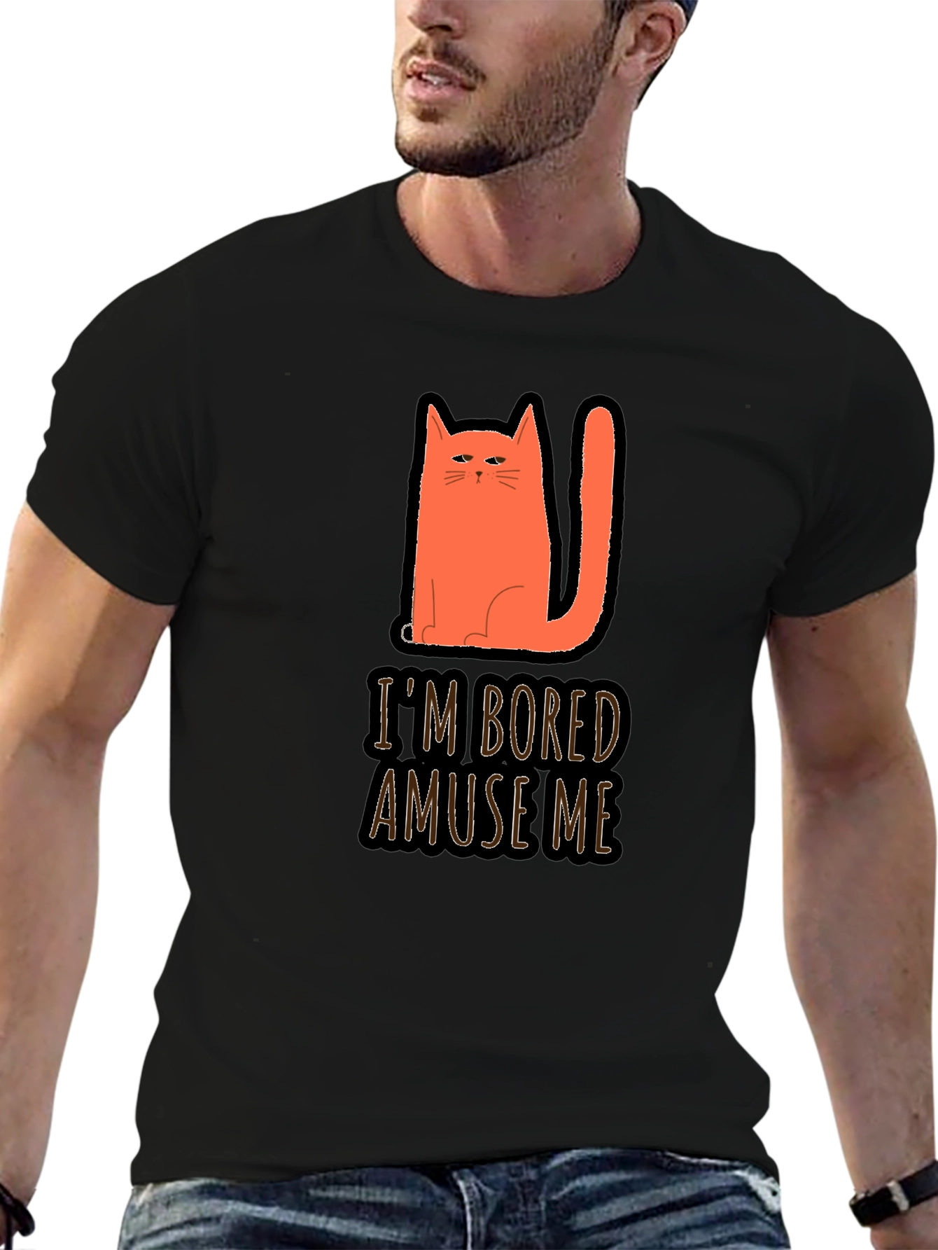 Camiseta Negra con Gato Naranja Estoy Aburrido Diviérteme