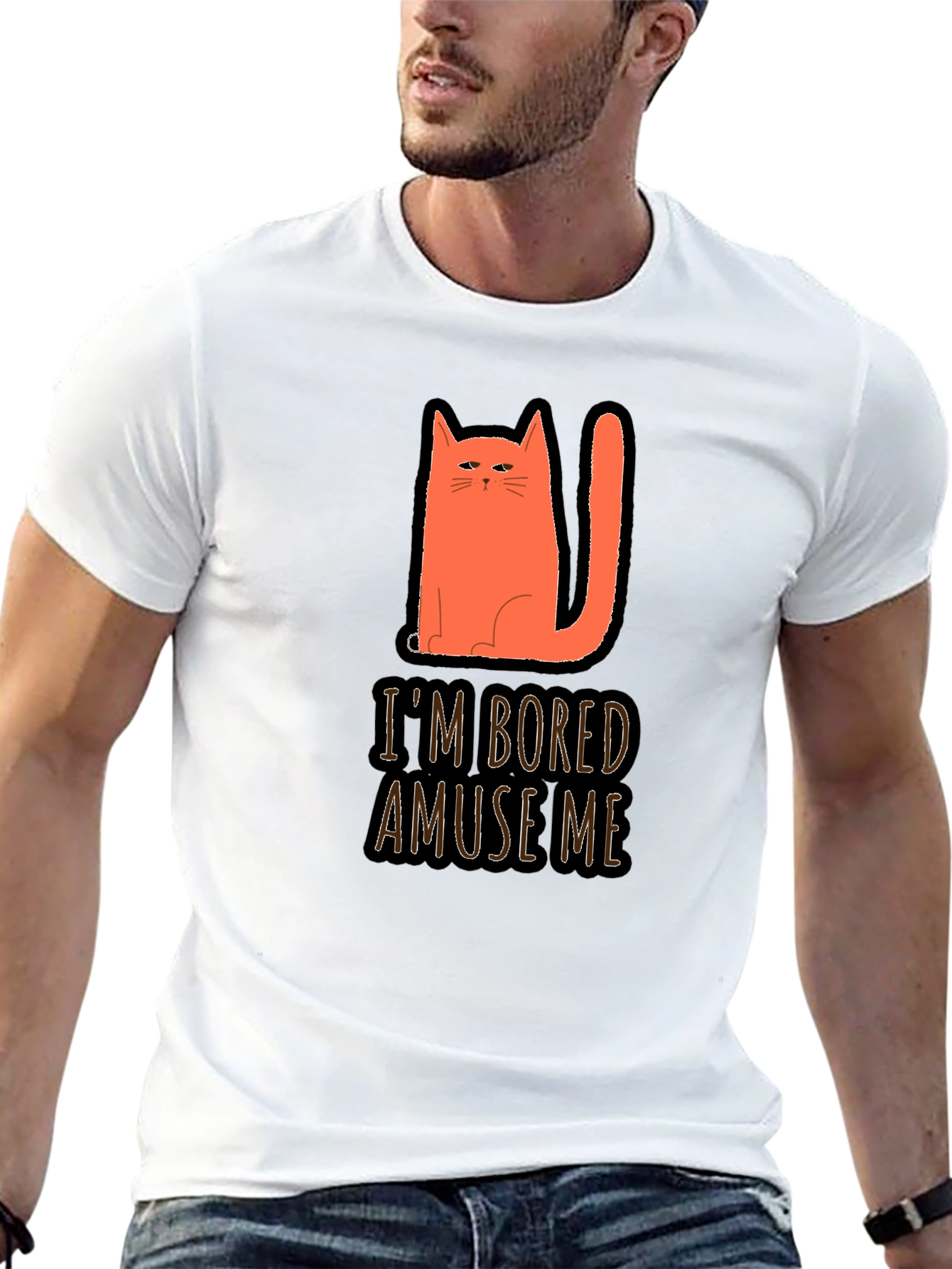 Camiseta Negra con Gato Naranja Estoy Aburrido Diviérteme