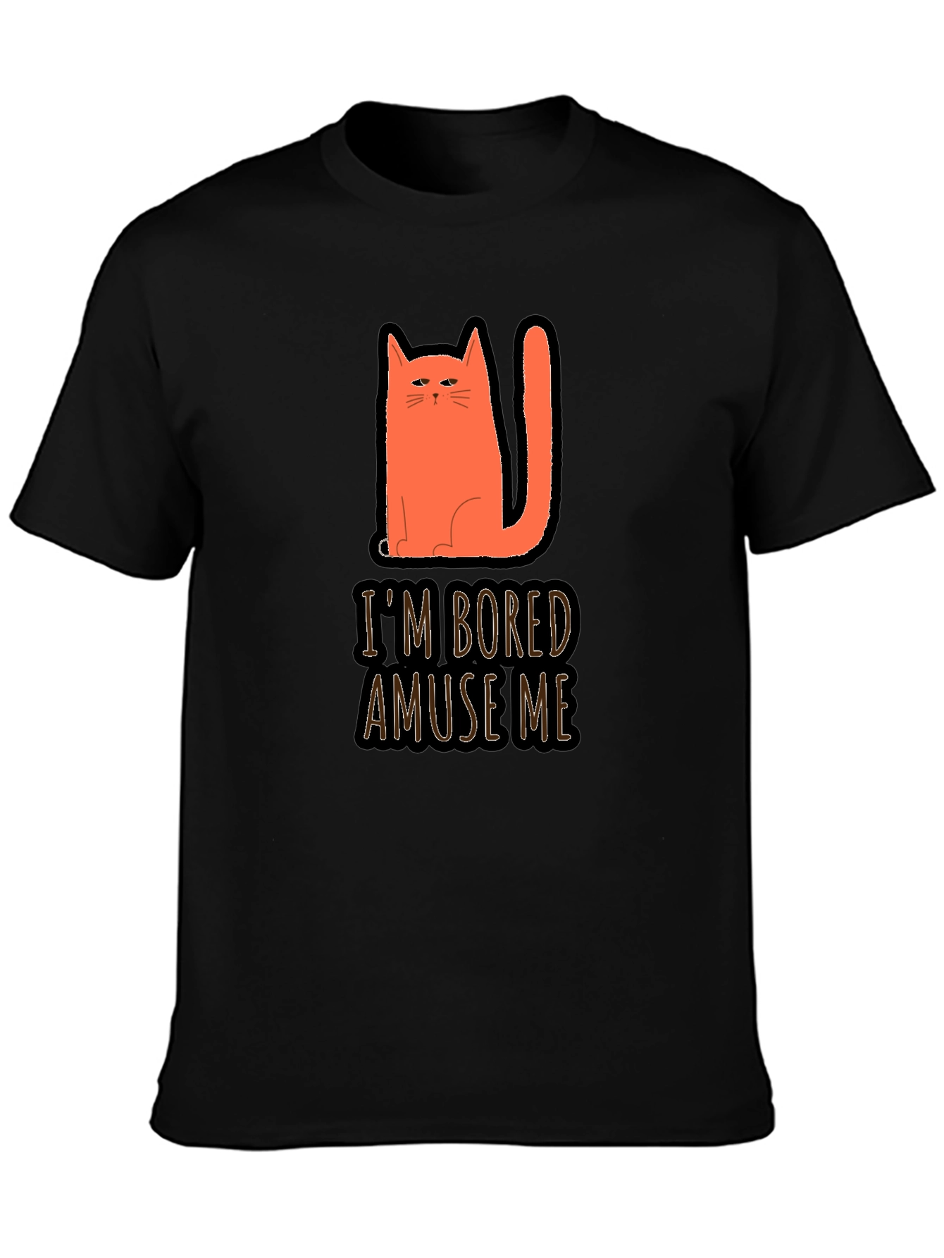 Camiseta Negra con Gato Naranja Estoy Aburrido Diviérteme