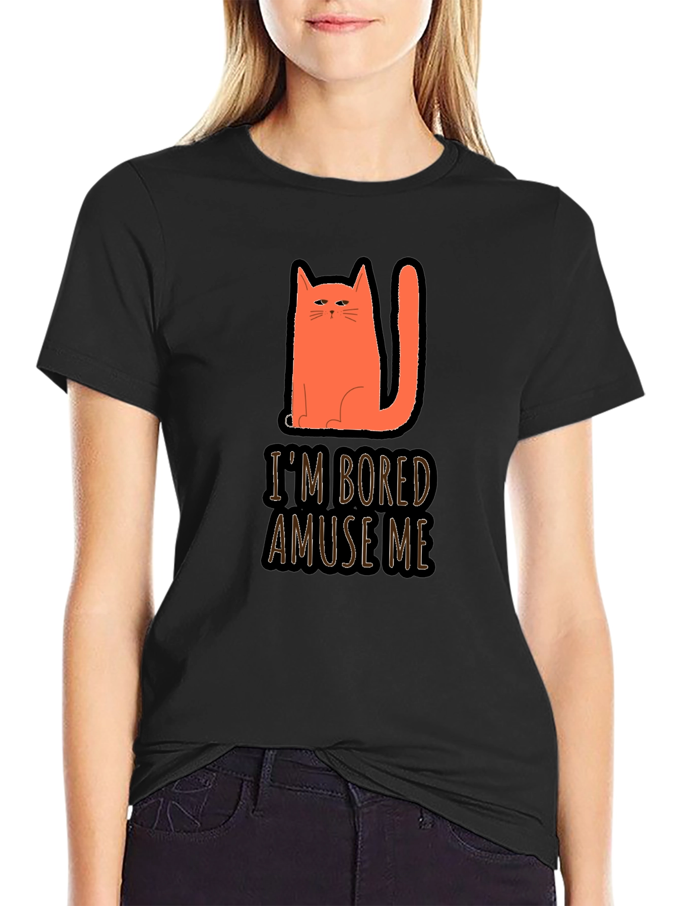 Camiseta Negra con Gato Naranja Estoy Aburrido Diviérteme