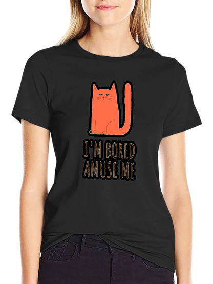 Camiseta Negra con Gato Naranja Estoy Aburrido Diviérteme