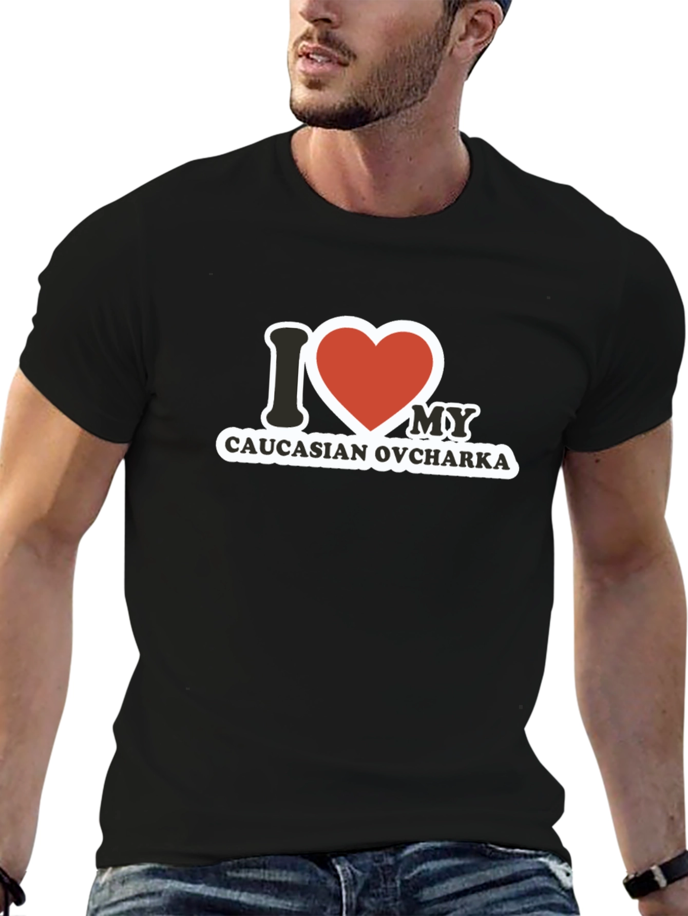 Camiseta Negra con Diseño I Love Caucasian Ovcharka