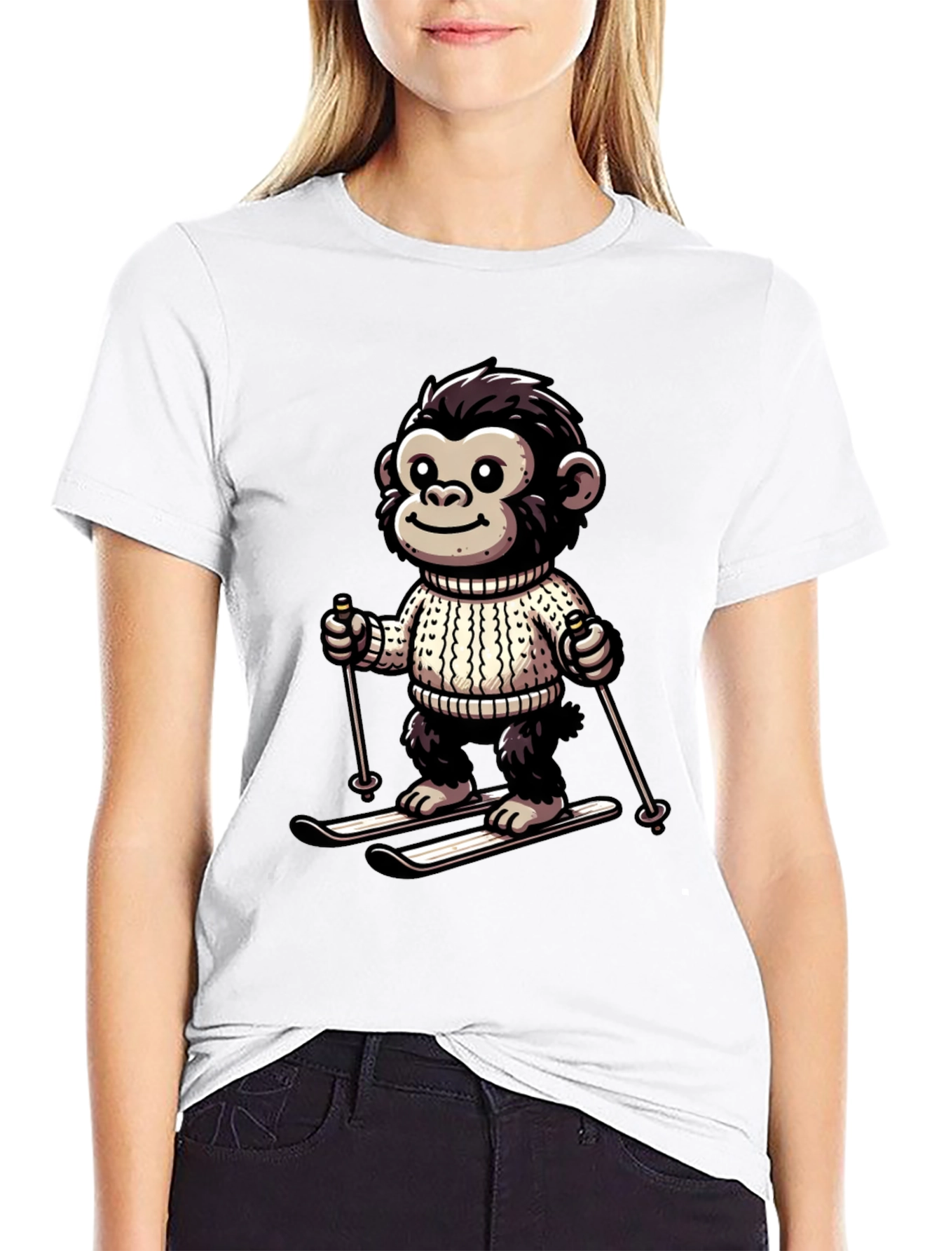 Camiseta Negra con Mono Esquiador Divertido