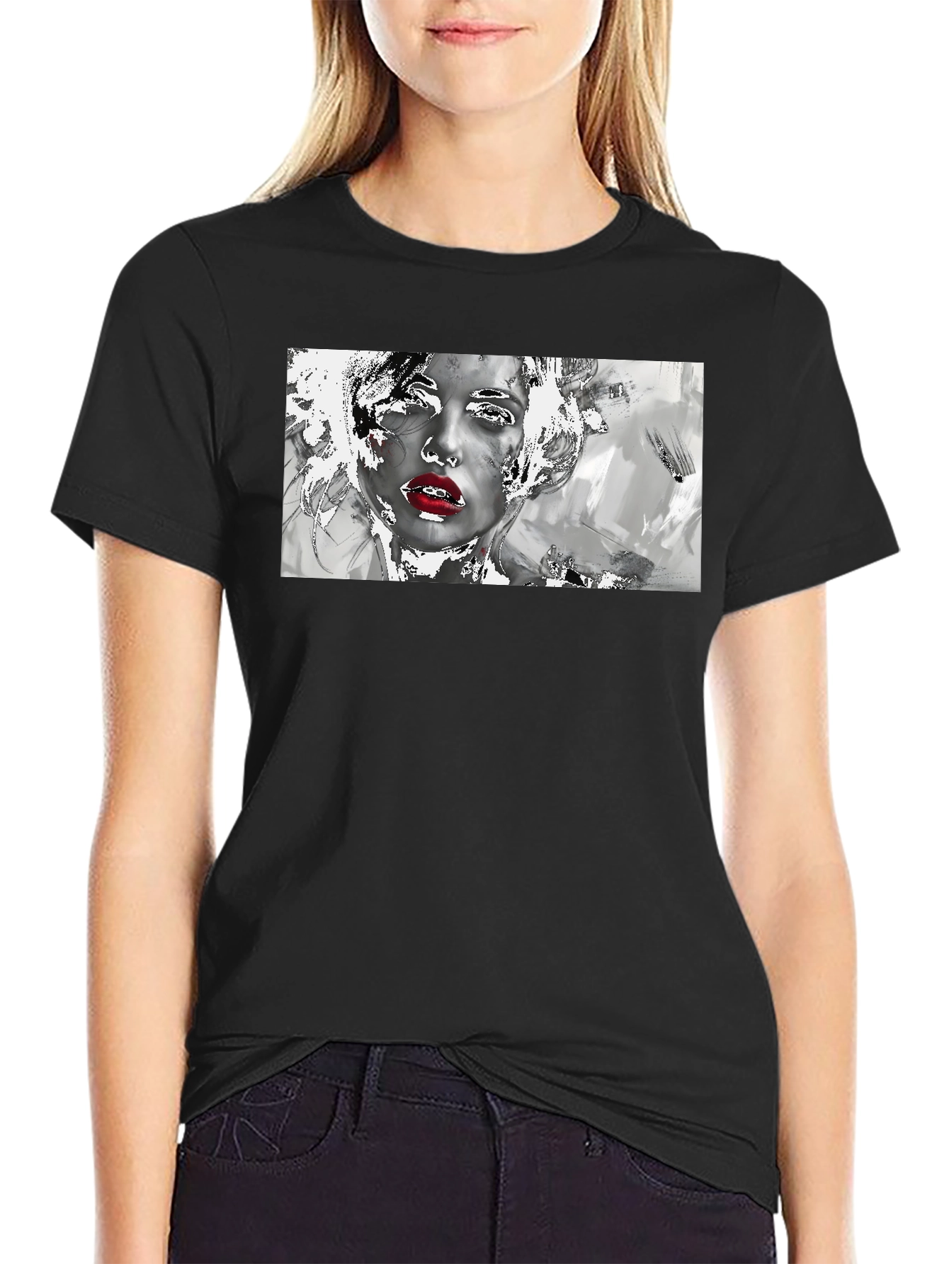 Camiseta Negra con Diseño Artístico de Mujer