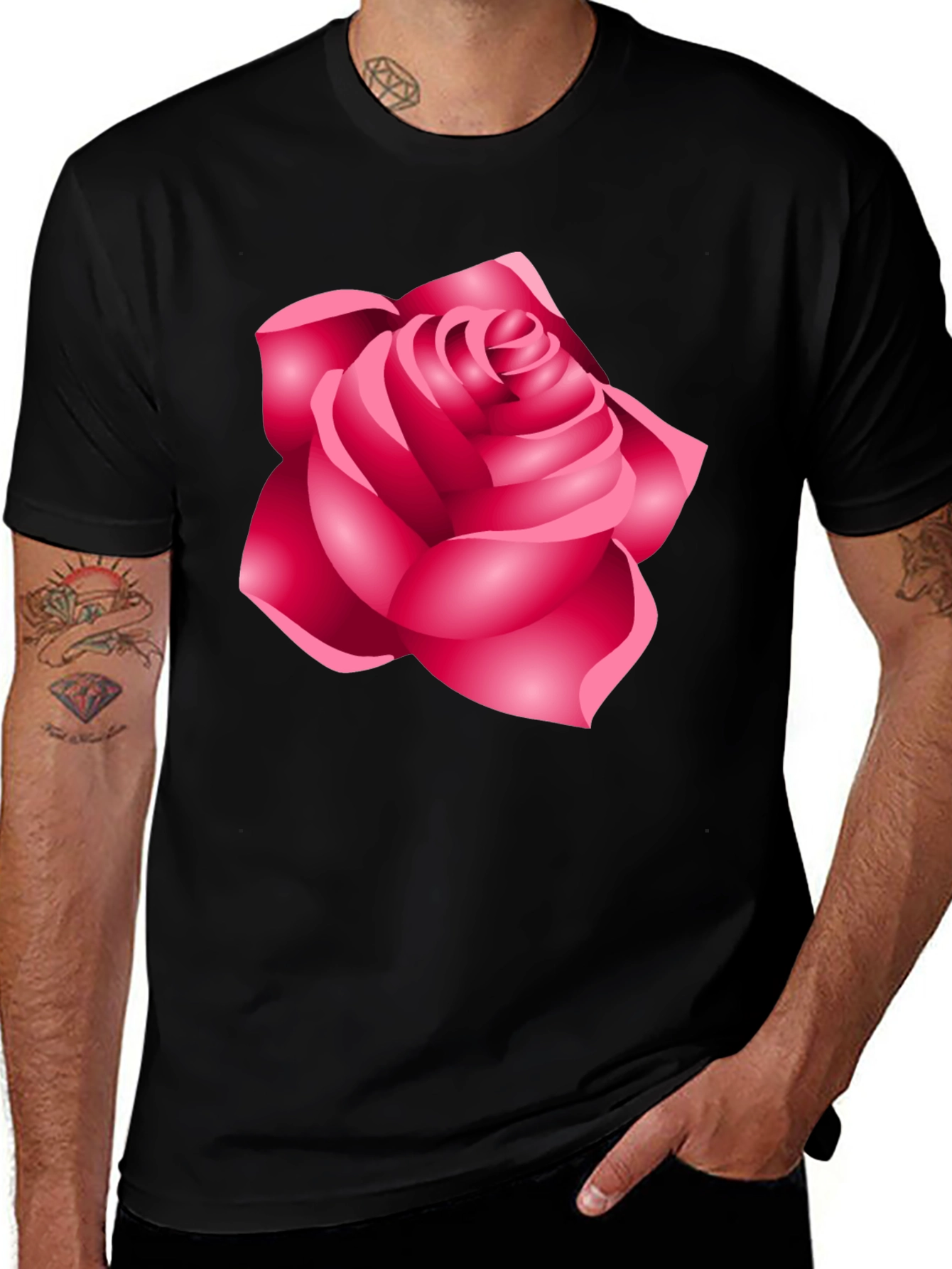 Camiseta Negra con Diseño de Rosa Femenina