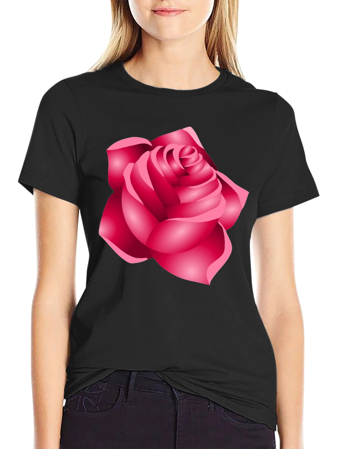Camiseta Negra con Diseño de Rosa Femenina