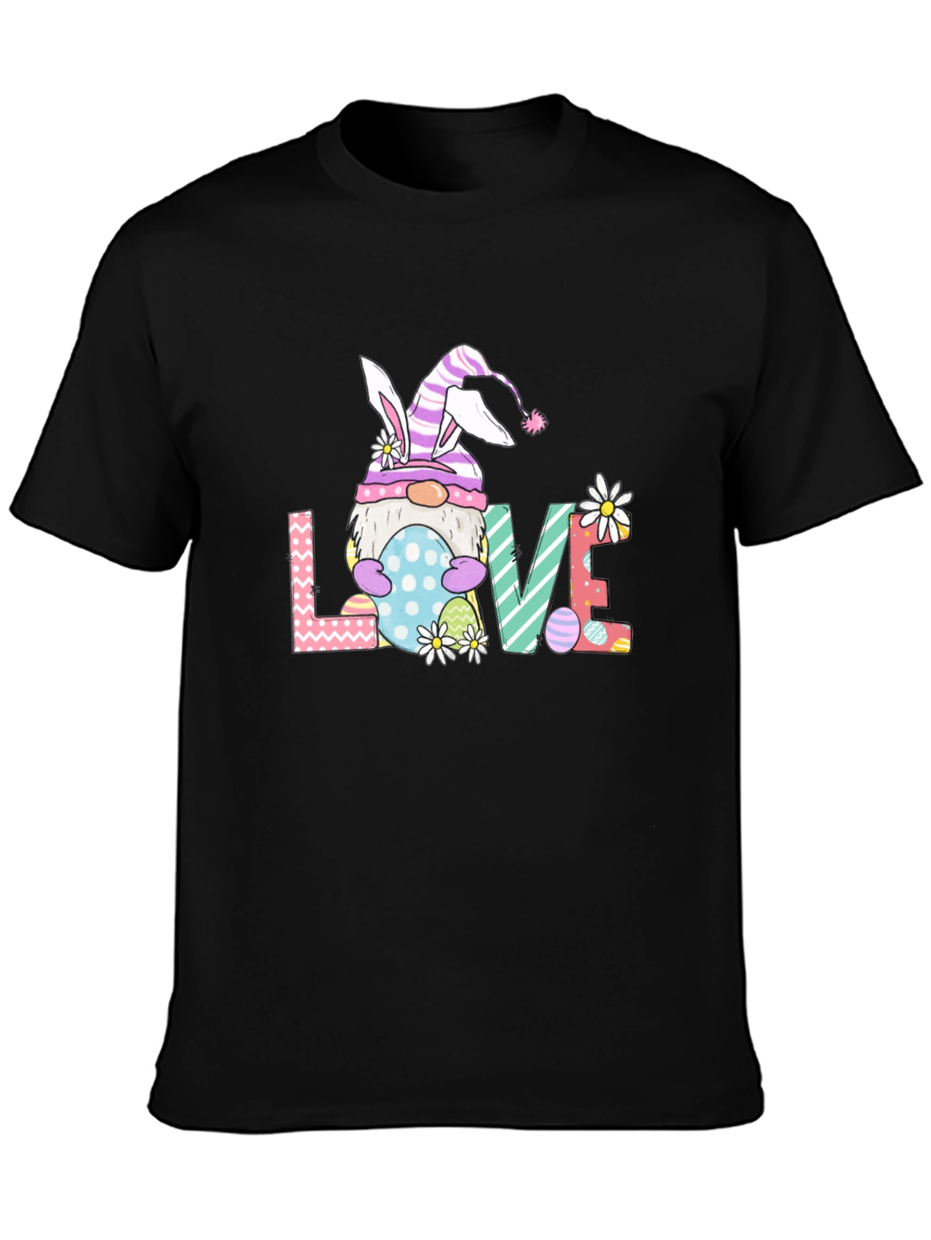 Camiseta Negra de Pascua con Diseño de Gnomo LOVE