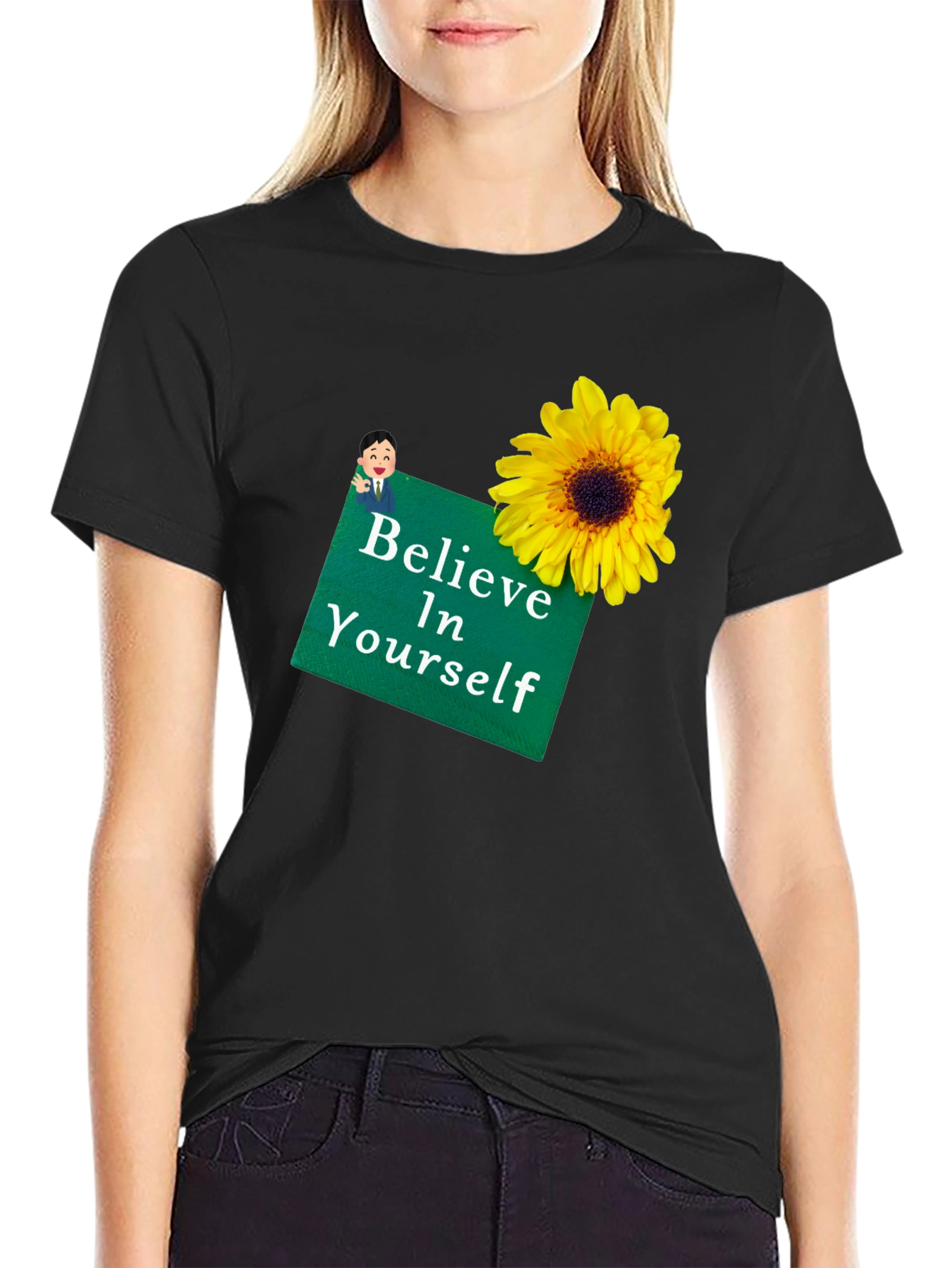 Camiseta Negra con Girasol y Mensaje Motivador